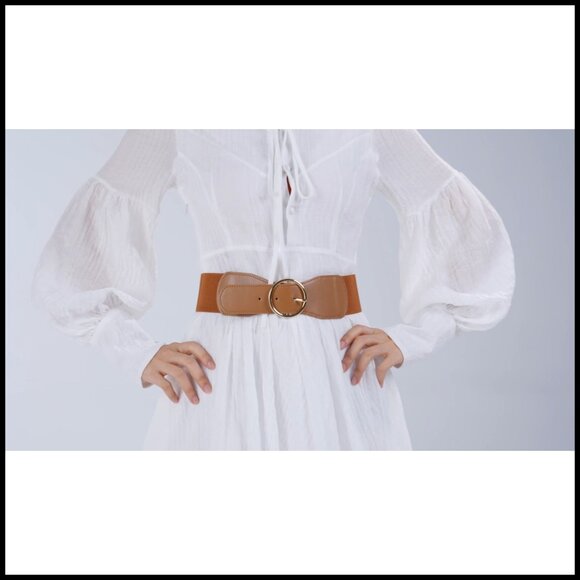 Women\'s Wide Elastic Waist Belt Set Classic Gold Buckle Slimming Stretch main image 4